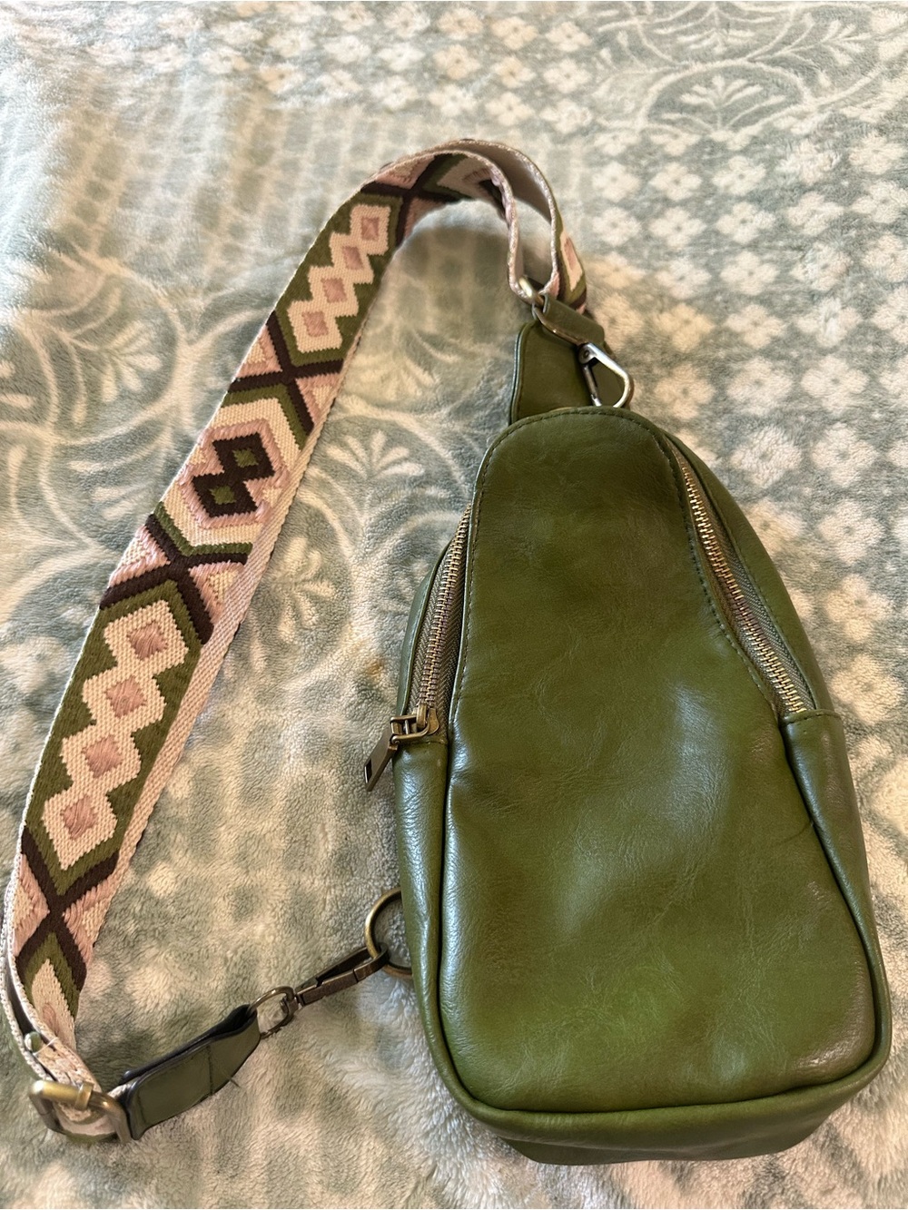 Green Leather Crossbody Sling Bag with Patterned Strap